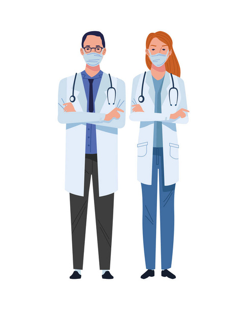couple doctors wearing medical masks characters - Vector, Image