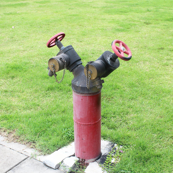 Su hortumları ve yangın söndürme ekipmanları olan yangın musluğu. - Fotoğraf, Görsel