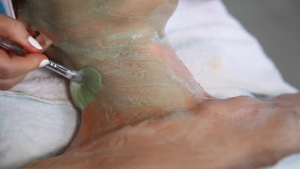 Kosmetikerin trägt grüne Maske auf weiblichen Hals auf, Antiage-Verfahren. - Filmmaterial, Video