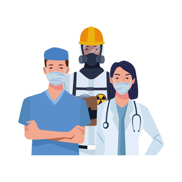 orvosi maszkot és biológiai védőruhát viselő orvosok - Vektor, kép