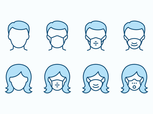Man and Woman in medical mask icons. Vector illustration isolated on white. Editable stroke. - Vector, Image