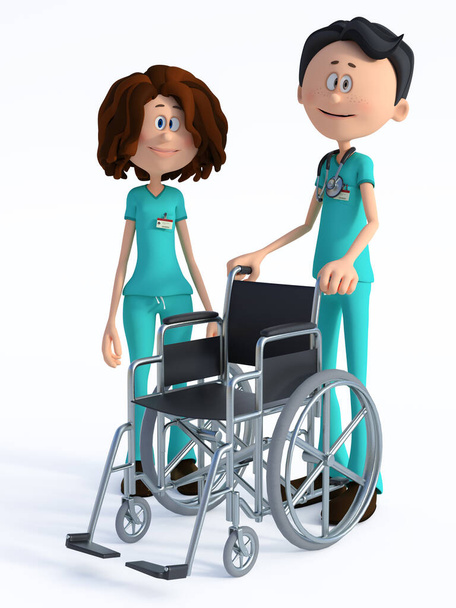 3D-mallinnus nuori sairaanhoitaja ja hymyilevä ystävällinen sarjakuva lääkäri yllään stetoskooppi ja seisoo tyhjä pyörätuoli. Valkoinen tausta. - Valokuva, kuva
