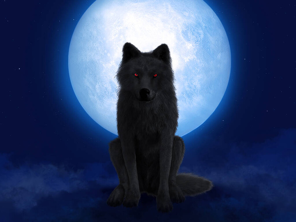 3D-s renderelés egy fekete farkas vagy vérfarkas izzó vörös szemekkel ül a nagy hold előtt. Csillagok az éjszakai égen, köd a földön. - Fotó, kép
