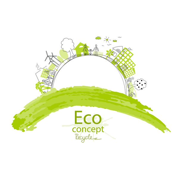 Ecology concept. Environmentally friendly world. Creative drawing on global environment with happy family stories. Info graphics. Icon. Vector illustration of handwriting. Doodle Minimal Style.  - Vector, Image