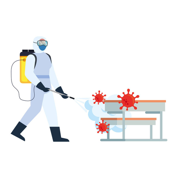 Man with protective suit spraying school tables with covid 19 virus vector design - Vector, Image