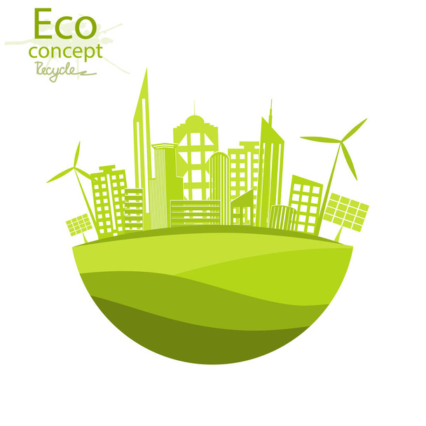 The city on the globe. Ecology concept. Environmentally friendly world. Creative drawing on global environment with happy family stories. Info graphics. Icon. Logo. Vector illustration. doodle. - Διάνυσμα, εικόνα