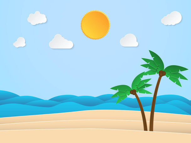 Hora do sol de verão. Mar com praia e coqueiro. Estilo de arte de papel. Ilustração vetorial
. - Vetor, Imagem