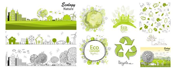 Ecology concept. Environmentally friendly world. Creative drawing on global environment with happy family stories. Info graphics. Icon. Vector illustration of handwriting. Doodle Minimal Style.  - Vetor, Imagem
