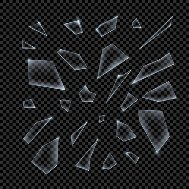 Ρεαλιστικά θραύσματα από σπασμένο γυαλί σε διαφανές φόντο Sharp κομμάτι. Εικονογράφηση διανύσματος. - Διάνυσμα, εικόνα