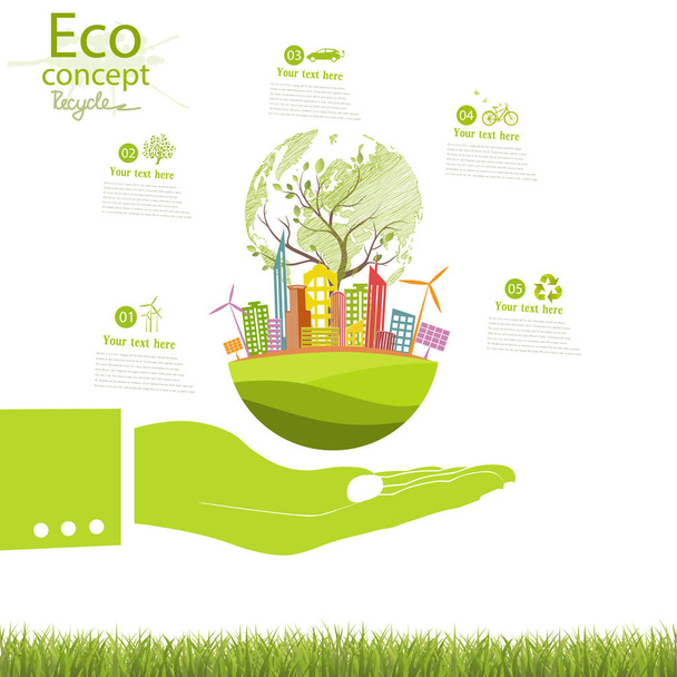 The city on the globe. Ecology concept. Environmentally friendly world. Creative drawing on global environment with happy family stories. Info graphics. Icon. Logo. Vector illustration. doodle. - Vector, Image