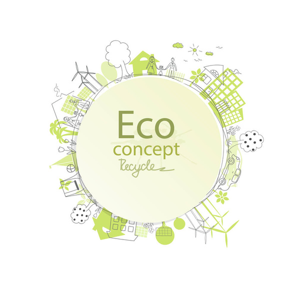 Ecology concept. Environmentally friendly world. Creative drawing on global environment with happy family stories. Info graphics. Icon. Vector illustration of handwriting. Doodle Minimal Style.  - Vector, Image
