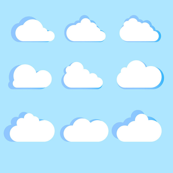 Set of Cloud Icons trendi lapos stílusban elszigetelt kék háttérrel. Felhő szimbólum a webhely design, logó, app, UI. Vektorillusztráció. - Vektor, kép
