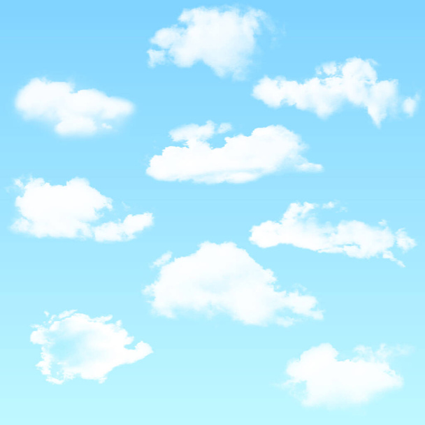 Wektorowy zestaw realistycznych odizolowanych chmur na niebieskim tle. Ilustracja wektora. - Wektor, obraz