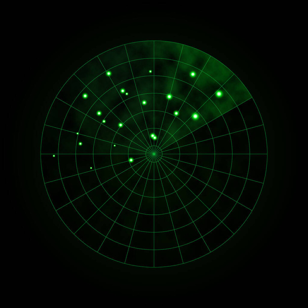 Зелений радар ізольовано на темному фоні. Військова пошукова система. Радіолокаційний дисплей HUD. Векторні ілюстрації
. - Вектор, зображення