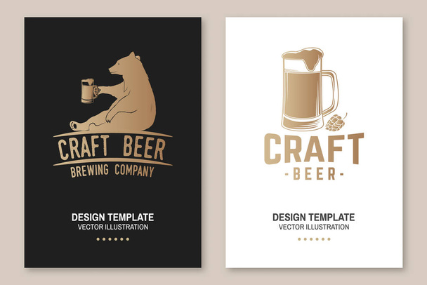 Craft Beer poster, flyer, template, card with bear. Vector. Vintage design for bar, pub and restaurant business. Coaster for beer. - Vetor, Imagem