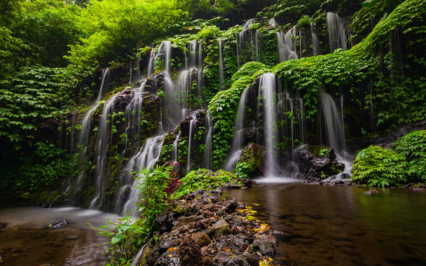 Tropikalny krajobraz. Piękny ukryty wodospad w lesie deszczowym. Koncepcja przygody i podróży. Środowisko naturalne. Wolna prędkość migawki, fotografia ruchowa. Wodospad Banyu Wana Amertha, Bali, Indonezja - Zdjęcie, obraz