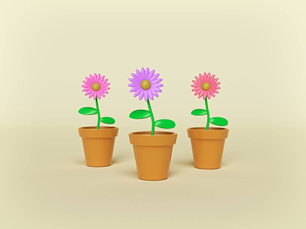 cartoon style abstract minimal flower pots isolated on pastel background. gardening concept. 3d rendering - Photo, Image