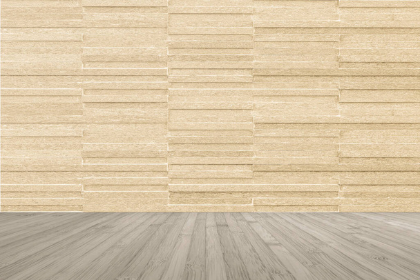 Carreaux de marbre moderne fond de motif de mur en couleur beige crème clair avec plancher en bois dans le ton gris sépia  - Photo, image