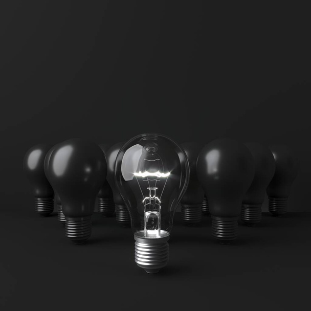 Outstanding light bulbs on dark black background. 3D Render. Minimal Concept idea. - Photo, Image