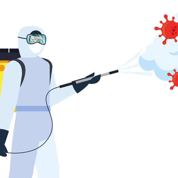 Man with protective suit spraying covid 19 virus vector design - Vector, Image