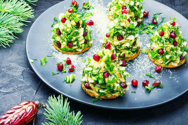 Delicious appetizer for Christmas table.Canapes with cheese,garlic and pomegranate. - Photo, Image