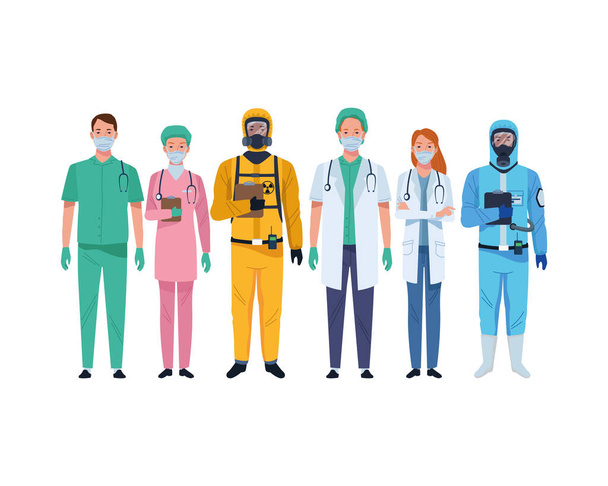 προσωπικό ιατρών που φοράει ιατρικές μάσκες και στολή βιοασφάλειας - Διάνυσμα, εικόνα