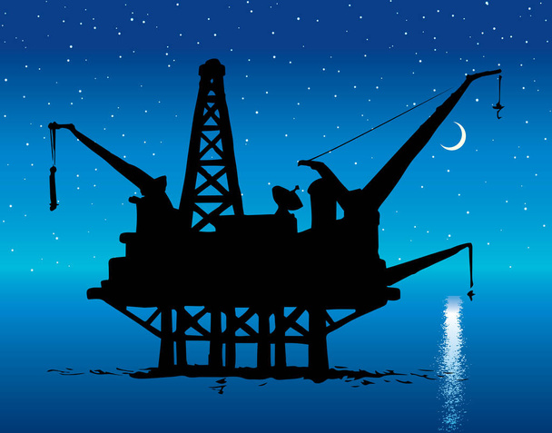 Egység tengeri úszó nehéz finomítani bánya jól állomás szerkezete fém rakomány tartály. Sötét fekete acél tartályhajó kínálat ikon szimbólum. Art rajzfilm grafika rajz vektor szürkület kék este szürkület ég csillag hold - Vektor, kép