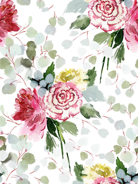 Seamless summer pattern with watercolor flowers handmade. - Фото, изображение