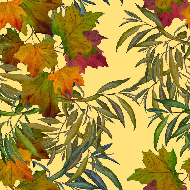 Beautiful seamless pattern with watercolor falling leaves. Beautiful natural autumn print. Colorful hand draw illustration. - Φωτογραφία, εικόνα