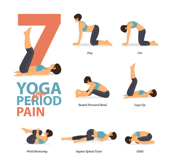Infographic of 7 Yoga poses for workout at home in concept of yoga for period pain επίπεδη σχεδίαση. Γυναικεία άσκηση για τέντωμα σώματος. Yoga στάση ή asana για fitness infographic. Επίπεδη απεικόνιση διάνυσμα κινουμένων σχεδίων. - Διάνυσμα, εικόνα