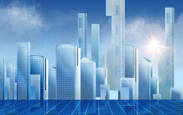 ilustração simples futuro moderno edifício cidade com céu, sol e piso de reflexão. Pintura digital 2D
 - Foto, Imagem