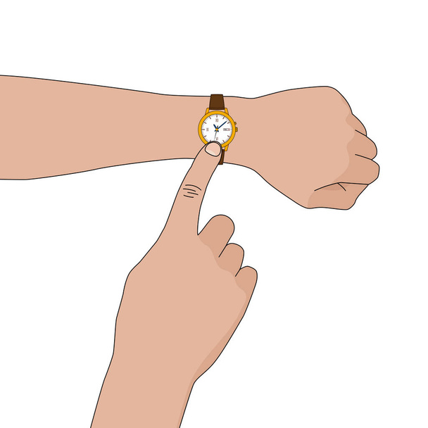 Yellow golden stylish watch with leather strap on hand - Vetor, Imagem