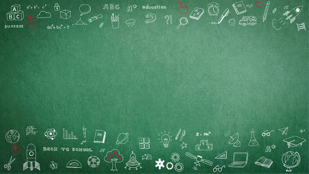 Green school teacher's chalkboard background with doodle and blank copyspace for childhood imagination and education success concept - Photo, Image