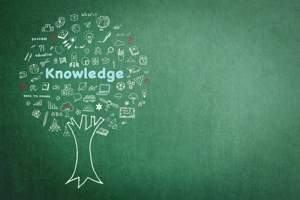 Baum des Wissens Bildungskonzept auf grünem Tafelhintergrund mit Doodle  - Foto, Bild