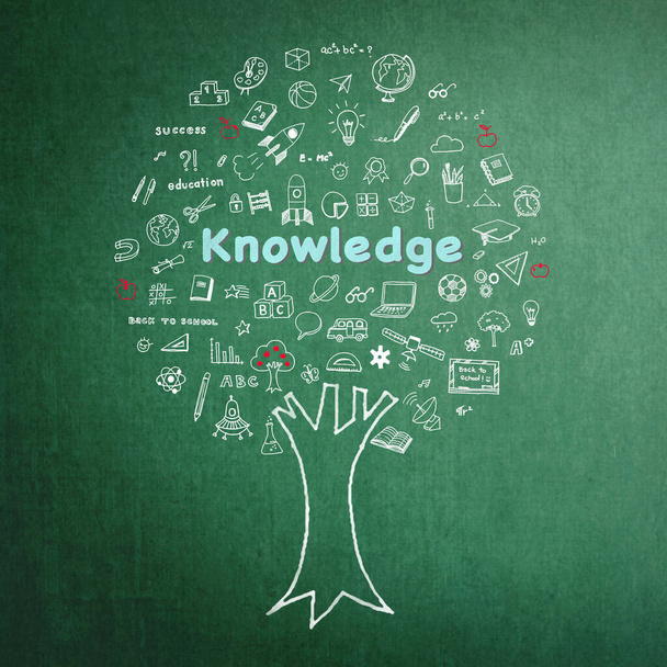 Концепция образования "Дерево знаний" на фоне зеленой доски с каракулями
  - Фото, изображение