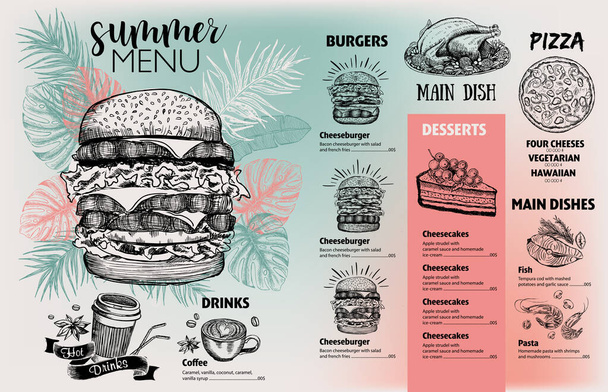 Zomermenu. Restaurant menu ontwerp, met de hand getekend illustraties. Vector-voedselflyer. - Vector, afbeelding