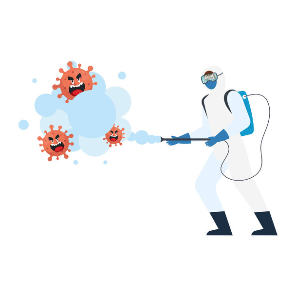 Homme avec costume de protection pulvérisation covide 19 dessin animé virus vectoriel
 - Vecteur, image