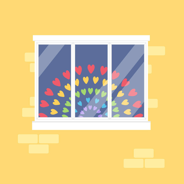 Rainbow made of hearts in the window, symbol of hope during Covid-19 outbreak and world pandemic. Stay at home for coronavirus prevention, quarantine will end soon. Vector illustration - Vector, Imagen