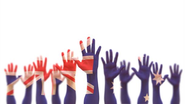 Australischer Tag, Konzept der demokratischen Wahlabstimmung in Australien mit Nationalflagge auf Menschen, die ihre Hände in die Luft recken, isoliert auf weißem Hintergrund  - Foto, Bild