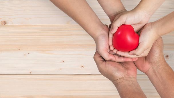 Hayat sigortası, organ bağışı ve aile koruma konsepti için anne-baba ve çocukların birlikte kırmızı kalbi desteklediği sağlık sigortası. - Fotoğraf, Görsel
