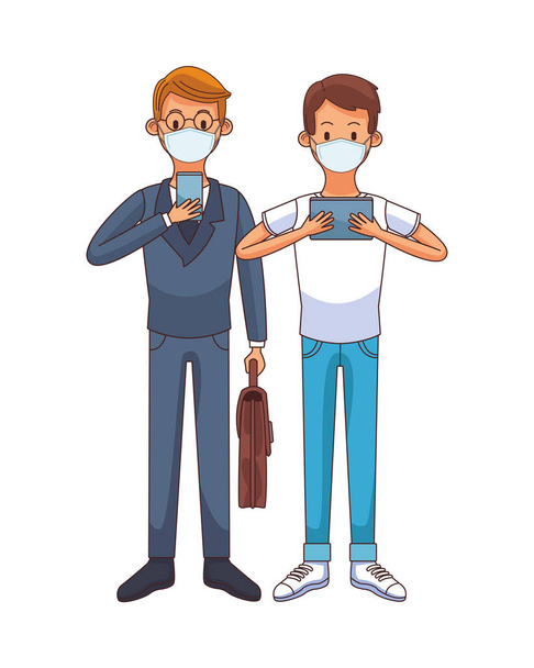 orvosi maszkot viselő fiatal férfiak technológiai karakterekkel - Vektor, kép
