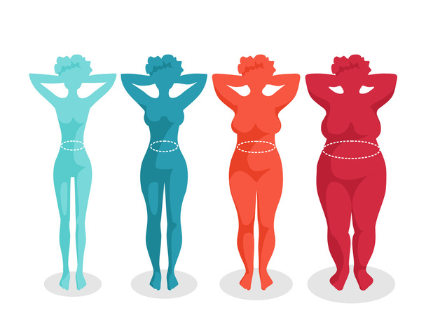 Fast-Food und Körper. Frauen mit unterschiedlicher Körpermasse - Vektor, Bild