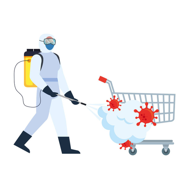 Man with protective suit spraying shopping cart with covid 19 virus vector design - Vector, Image