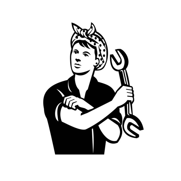 Illustratie van een vrouwelijke monteur met een moersleutel die haar armspier buigt van voren gezien in retro zwart-wit stijl. - Vector, afbeelding