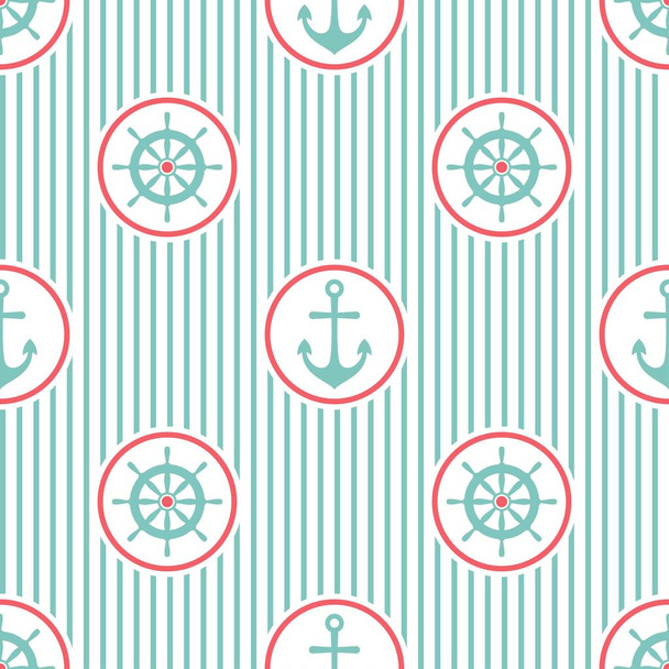 Nautical seamless striped pattern with blue helms on white. Ship and boat steering wheel ornament. Marine background with rudder. Summer vector flat illustration. - Vektör, Görsel