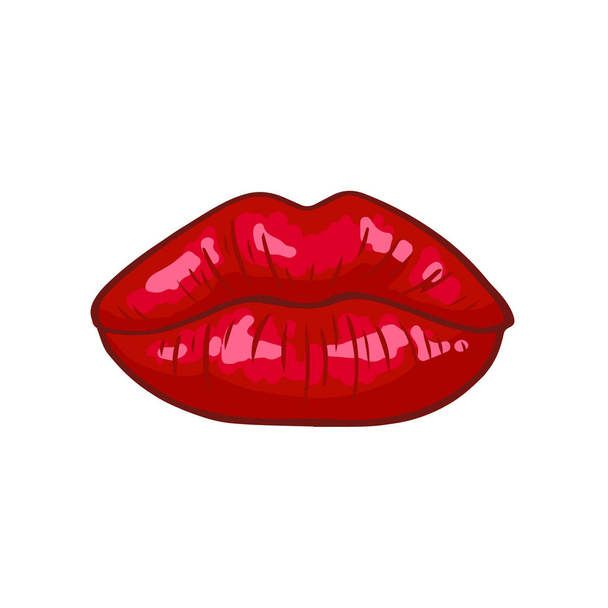 キス-女性の唇。熱いセクシーな赤いキス。白を基調とした美しいステッカー。レトロなポップアートや漫画スタイルのベクトルイラスト。3D効果. - ベクター画像