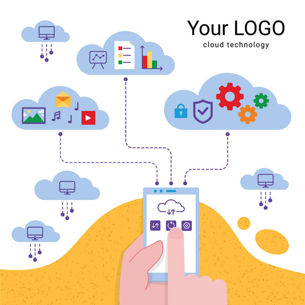 Using Cloud Technology: Social Media, Time Management, Work, Games, Music, Video, Navigation, Entertainment. Flat Vector Illustration on White Background. Best for Web, Poster, UI. - Vector, Image
