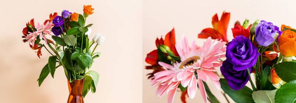 κολάζ από λουλούδια σύνθεση με μπουκέτο σε πορτοκαλί βάζο σε μπεζ φόντο, πανοραμική καλλιέργεια - Φωτογραφία, εικόνα