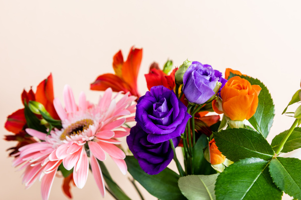 Florale Komposition mit einem Strauß farbenfroher Blumen, isoliert auf beige, selektiver Fokus - Foto, Bild