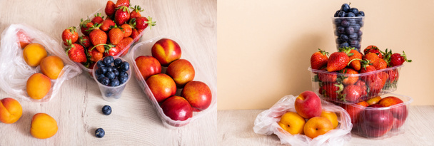 kolaż kompozycji owoców z jagodami, truskawkami, nektarynami i brzoskwiniami w plastikowych pojemnikach na drewnianej powierzchni na beżowym tle, uprawy panoramiczne - Zdjęcie, obraz